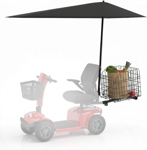 Mobility Scooter Rear Basket and Umbrella Canopy Sunshade Set – Adjustable Height Foldable Umbrella, Heavy-Duty Foldable Basket, Fits 1" Hitch Receiver for Pride, Drive, Power Chairs and More - Lot 3610
