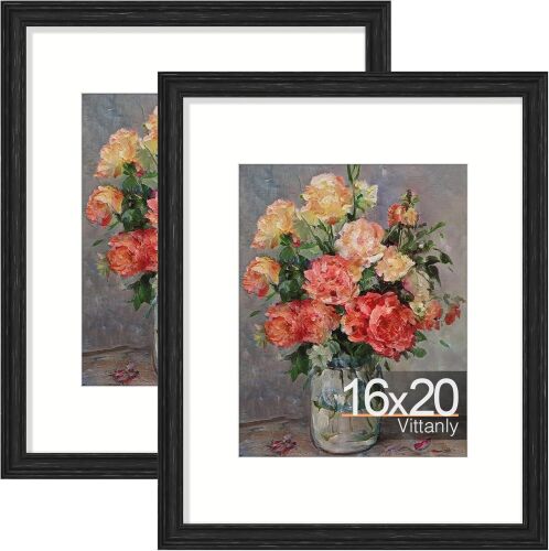 Vittanly 16x20 Picture Frames Set of 2, Ornate Vintage Photo Frame for Wall Mount, Display 11x14 Pictures with Mat or 16x20 without Mat, Distressed Black - Lot 3613