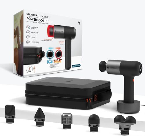 Sharper Image Deep Tissue Percussion Massage Gun, Powerboost Pro+ Hot & Cold Rechargeable Handheld Massager, 6 Adjustable Speeds, 6 Attachment Heads & Carrying Case, Muscle Pain Relief, Black - Lot 3618