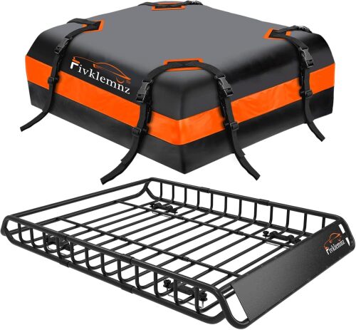 FIVKLEMNZ Roof Rack Cargo Carrier, Universal Roof Basket (49"x 36"x 5") + 15 Cubic Feet Waterproof Rooftop Cargo Carrier Bag (46"x 34"x 17") with Bungee Net, Ratchet Straps, Storage Bag, Luggage Lock - Lot 3631
