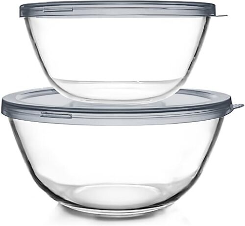 Glass Mixing Bowls with Lids Set(2.85 QT, 4.76 QT)-Large Glass Mixing Bowls, Clear Salad Bowl for Baking, Cooking, Serving, Food Prep, 2pcs Nesting Bowls for Kitchen Storage & Dishwasher Safe - Lot 3650