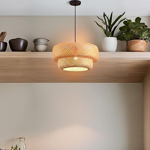 Bamboo Pendant Light,Boho Rattan Hanging Light,13.8" Hand Woven Wicker Chandelier for Kitchen Island for Kitchen Island Dining Bedroom Living Room Restaurants - Lot 3652