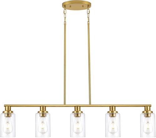 Kitchen Island Lighting, 5-Light Modern Dining Room Light Fixtures Over Table,Farmhouse Gold Linear Chandeliers for Dining Room, Industrial Pendant Lights Fixture with Clear Glass Shade - Lot 3667