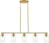 Kitchen Island Lighting, 5-Light Modern Dining Room Light Fixtures Over Table,Farmhouse Gold Linear Chandeliers for Dining Room, Industrial Pendant Lights Fixture with Clear Glass Shade - Thumbnail 1