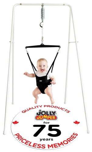Jolly Jumper Classic (Black) with Stand - Original Baby Jumper, Indoor and Outdoor Exercise Saddle Seat, Adjustable Height, for Infants up to 28lbs - Lot 3675