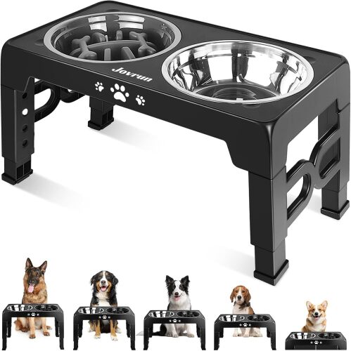 Elevated Dog Bowls, Dog Feeder with Stainless Steel Dishes & Slow Feeder Bowl, 5 Heights Adjustable Raised Stand for Medium Large, Food Dishes with Non-Slip Feet - Lot 3690