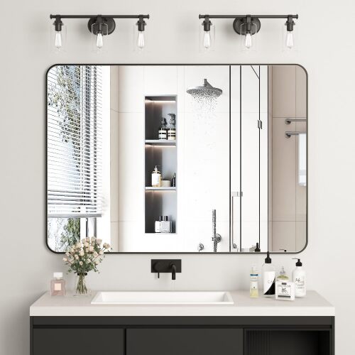Manocorro Wall Mirror Bathroom Mirror,Vanity Mirror Black Framed Wall Mirror Rounded Corner Rectangular Hangs Horizontally or Vertically Shatterproof Tempered Glass, Bedroom, Living Room - Lot 3497