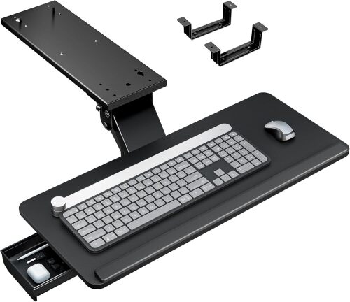 PEGZONE Keyboard Tray Under Desk with Storage Drawer, Height Adjustable Keyboard Tray Slide Out Swivel Tilt, Ergonomic Under Desk Mount Keyboard & Mouse Holder for Gaming Home Office - Lot 3701
