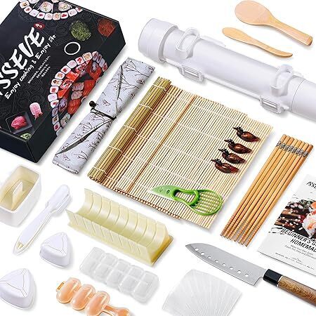 ISSEVE Sushi Making Kit, 25 in 1 Sushi Bazooka Maker with Sushi Molds, Bamboo Mat, Bamboo Chopsticks, Sushi Knife,Nigiri Mold,Onigiri Mold,Musubi mold,DIY Sushi Roller Machine - Lot 3705