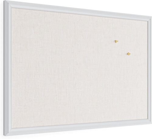 U Brands Farmhouse Linen Bulletin Board, 30" x 20", White Wood Frame, Wall Mounted Pin Board for Home Office, Classroom & Kitchen, Includes Push Pins - Lot 3706