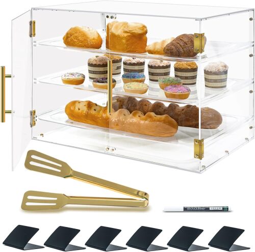 3 Tray Bakery Display Case for Commercial Countertop, 21" x 16" x 14" Acrylic Pastry Display Case with Magnetic Rear Doors & Removable Trays for Desserts Bread Donut Bagels - Lot 3726