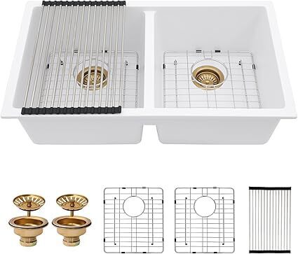 Composite Kitchen Sink - Couoko 33x19 Inch Undermount Granite Kitchen Sink White Quartz Sink Under Counter Double Bowl Sink Basin 50/50 - Lot 3756