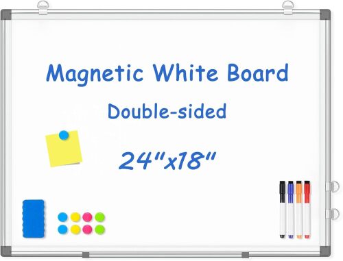 WALGLASS Double-Sided White Board, 24" x 18" Dry Erase Board Magnetic Whiteboard for Wall, Hanging Mounted Whiteboard Silver Aluminium Frame for Home, School, Office, Kitchen - Lot 3790