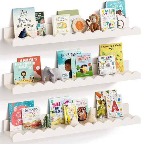 Nursery Book Shelves, Set of 3, Nursery Decor for Baby and Toddler, Scalloped Shelves, Book Shelf for Kids Rooms, Wall Book Shelf for Bedroom Kids, Floating Shelf for Wall - Lot 3797