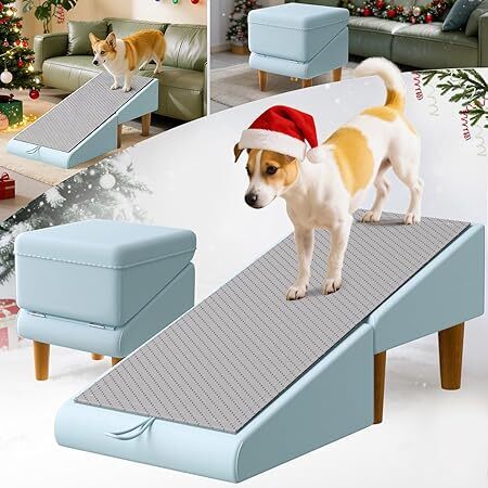 Foldable Dog Ramp & Footstool, 17" Solid Wood Pet Ramp, Removable Non-Slip Mat & Seat Cushion, Split Ottoman Design, Dog Ramps for Small Dogs and Cats - Lot 3810