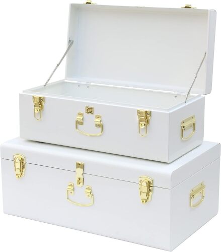 Vixdonos Decorative Metal Box Storage Trunks Set of 2 College Dorm Chest with Lock Hole,23.7X14.2X9.5 Inches(White) - Lot 3825