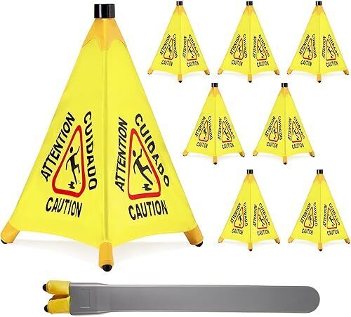 8 Pcs Pop up Wet Floor Sign with Storage Tube 20 Inch Wet Safety Signs Commercial Caution Safety Cone Pop up Caution Sign for Commercial Stores Grocery Restaurant Restroom Office Use - Lot 3860