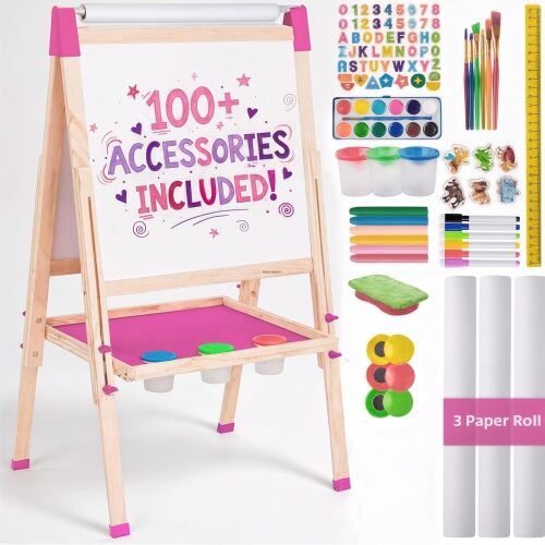 Blue Squid Art Easel for Kids with Paper Roll x 3, Includes 100+ Accessories, Double Sided Adjustable Wooden Painting Easel with Magnetic Chalk Board, White Board for Toddlers Ages 3-12 - Lot 3885
