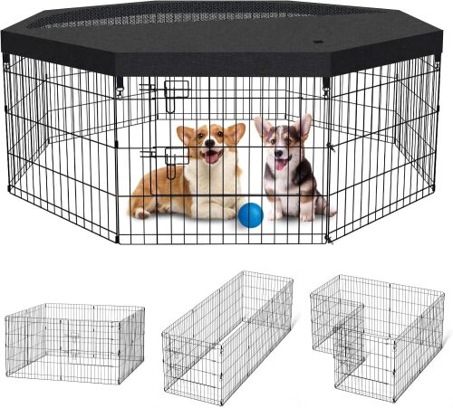 Dog Pen Pet Playpen Dog Fence Indoor Foldable Metal Wire Exercise Puppy Play Yard Pet Enclosure Indoor Outdoor 8 Panels 30 Inch with Bottom Pad/Top Cover (Black with top Cover) - Lot 3801