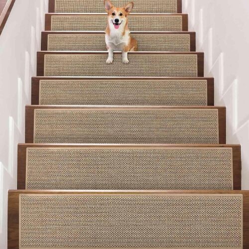 Seloom Stair Treads Non Slip Carpet for Wooden Steps Indoor, Peel and Stick Extra Wide Stair Tread Step Pads with Reusable Adhesive for Dogs Kids Elders, Machine Washable, 15 Pack, Beige - Lot 3886