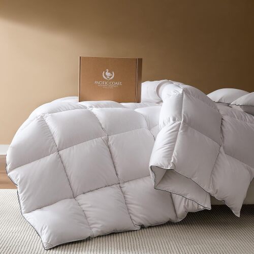 Pacific Coast Goose Feather Down Fiber Comforters Queen Size, Extra Fluffy White Duvet Insert, Ultra-Soft, Breathable, All Season Hotel Luxury Bedding Comforters, 8 Corner & Center Loops - Lot 3832