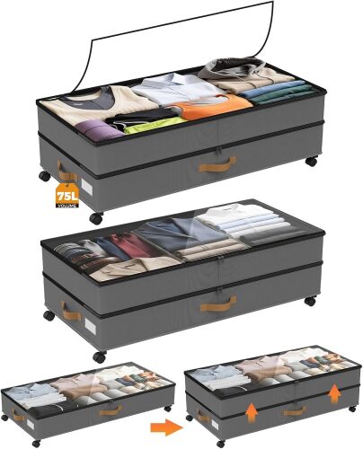 BETBEM Under Bed Storage with Wheels 2-Pack, 75L XXL Under the Bed Storage Containers Large, 12" Tall Adjustable Storage for Underbed with Lids, Rolling for Shoes, Clothes, Blankets (Grey) - Lot 3847