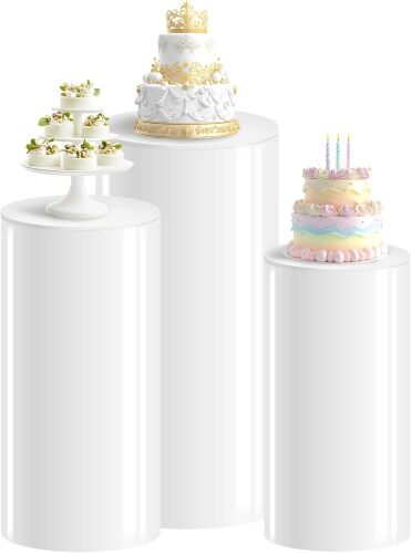 White Cylinder Stands for Party, White Round Pedestal Stand, Party Cylinders Set of 3 Stand for Wedding Birthday Baby Show Decor - Lot 3882