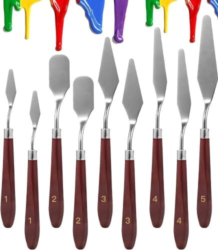 9 PCS Palette Knife, Stainless Steel Painting Knife Set, Flexible Spatula Pallet Knife, Metal Artist Knives, Oil Painting Accessories Color Mixing Scraper for Oil, Canvas, Acrylic Painting By CUALORK - Lot 3553