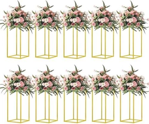 10 Pcs 15.75inch Gold Wedding Flower Vase Metal Column Flower Stand, Geometric Centerpieces Vase for Table, Home Party Wedding Decorations - Lot 3838