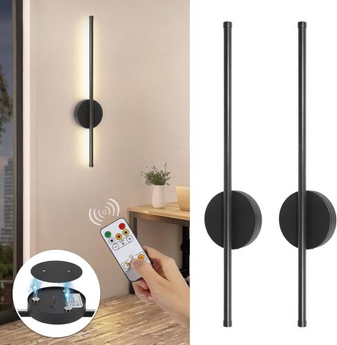 TaoFiaCo Battery Operated Wall Sconces Set of Two, Wireless Rechargeable Wall Sconces Black with Remote Control Dimmable, Cordless Wall Light Decor for Living Room, Bathroom, Hallway, Timing, 24 Inch - Lot 3883