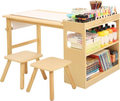 Bateso Kids Art Table and 2 Chairs Set with Roll Paper & Storage, Wooden Kid Craft Table for Drawing, Learning and Reading, Toddler Activity Play Desk for Home, Playroom or Classroom - Lot 3898