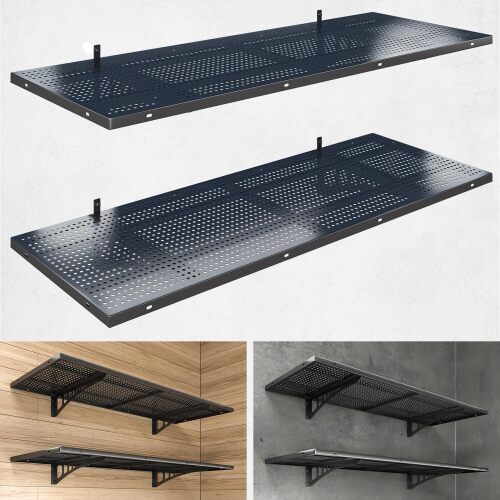 YIFRO 2-Pack 1.5x4ft Heavy Duty Garage Wall Shelving, 500 lbs Load Capacity, Garage Shelving Wall Mounted, Garage Storage Rack with Hooks, Black - Lot 3889