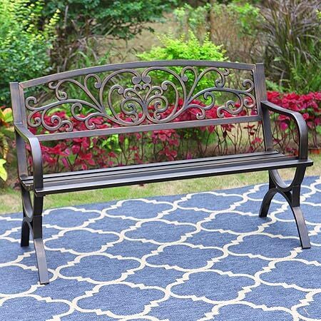 MFSTUDIO 50 Inches Outdoor Garden Bench, Cast Iron Metal Frame Patio Park Bench with Floral Pattern Backrest, Arch Legs for Porch - Lot 3960