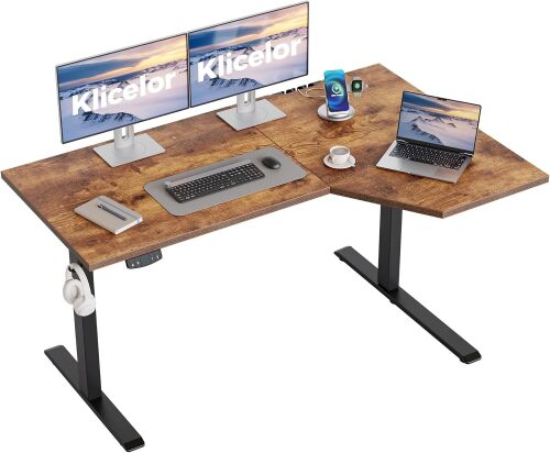 Klicelor 55 Inch L Shaped Standing Desk, Adjustable Height Corner Desk for Home Office Workstation, Sit Stand Desk with Two-Piece Desktop - Lot 3910