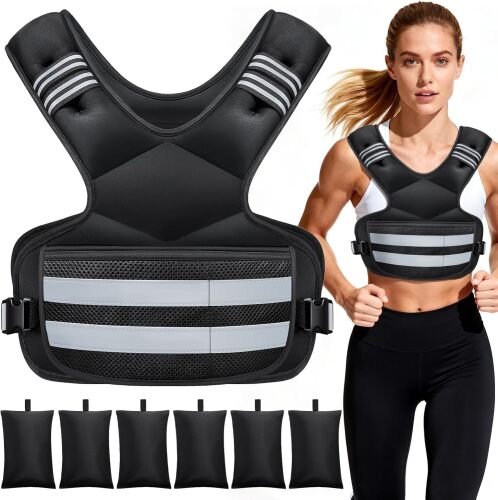 Weighted Vest for Women and Men, Adjustable 20-32lb Rucking Vest with Large Pocket and Reflective Stripe for Cardio and Strength Training - Lot 3935