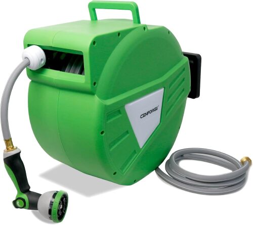 Cenforge Retractable Garden Hose Reel, 1/2 in x 130 ft, Wall Mount Hose Reel, with 180° Swivel Bracket, Automatic Slow Return System, Any Length Lock for Outside - Lot 3950