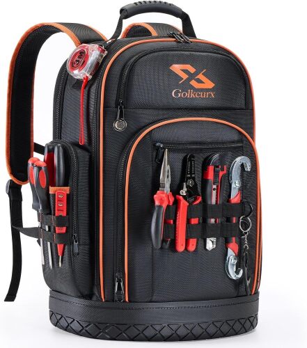 Golkcurx Tool Backpack, Heavy Duty Backpack Tool Bag, 1680D Implements Carrier for Electrician, Durable and Molded Base - Lot 3955
