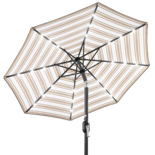 Solar LED Lighted Striped Patio Umbrella w/ Tilt Adjustment - 10ft - Lot 3648