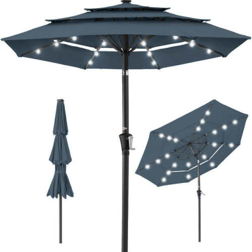 3-Tier Solar Patio Umbrella w/ LED Lights, Tilt Adjustment, Crank - 10ft - Lot 3658