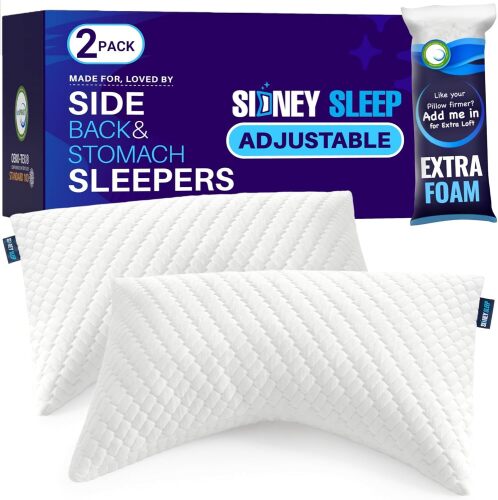 Sidney Sleep Set of 2 Queen Size Bed Pillows for Side and Back Sleepers - Adjustable Filling - Memory Foam Pillows for Neck and Shoulder Pain - Customizable Loft - Extra Foam Included - Lot 3985