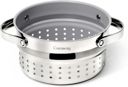 Caraway Steamer - Stainless Steel Steamer with Handles - Non Stick, Non Toxic Coating - Steam Veggies, Seafood, and More - Compatible With Our Dutch Oven or Sauce Pan - Small - Lot 3994