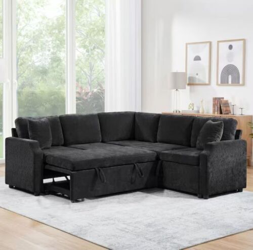 Noble House Lara 81.9 in. Chenille Upholstered L-Shaped Sectional Sofa in. Black with Hidden Storage, Pull-Out Bed, Pillows - Lot 4JF