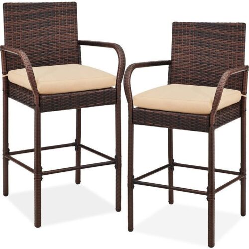Set of 2 Indoor Outdoor Wicker Bar Stools w/ Cushion, Footrests, Armrests - Lot 234