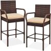 Set of 2 Indoor Outdoor Wicker Bar Stools w/ Cushion, Footrests, Armrests - Thumbnail 1