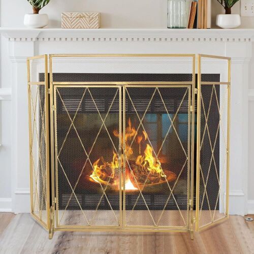 POWLAB 3 Panel Foldable Wrought Iron Double Door Fireplace Screen 50 x 32Inch - Lot 280
