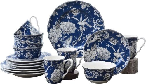 222 Fifth Adelaide 16-Piece Dark Blue Porcelain Dinnerware Set, Service for 4 - Lot 290
