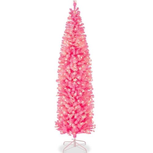 9' Pre-Lit Pink Artificial Pencil Holiday Tree w/ Warm White Lights, Stand - Lot 338
