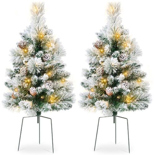 Set of 2 Pre-Lit Pathway Christmas Trees w/ Pine Cones, Timer - 24.5in - Lot 339