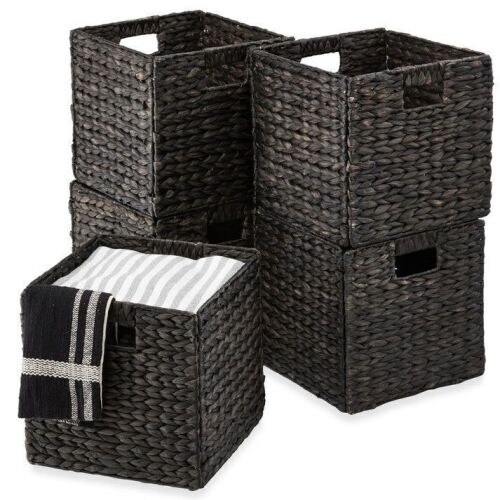 Set of 5 Collapsible Hyacinth Storage Baskets w/ Inserts - 12x12in - Lot 352