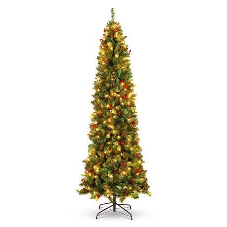12' Pre-Lit Spruce Pencil Christmas Tree w/ Berries, Pine Cones - Lot 424